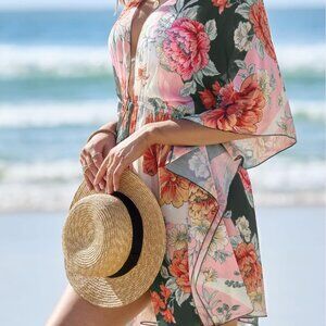 NEW CUPSHE Women's Floral Chiffon Short Sleeve Drawstring Loose Beach Cover Up K